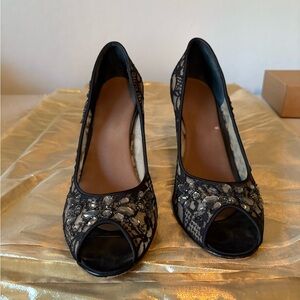 Beverly Feldman Black Lace Peep-Toe Heels with flower Embellishments.